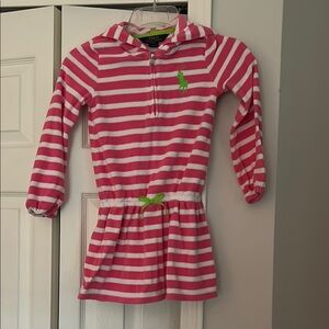 Pink and White Striped Hooded terry cloth swim coverup